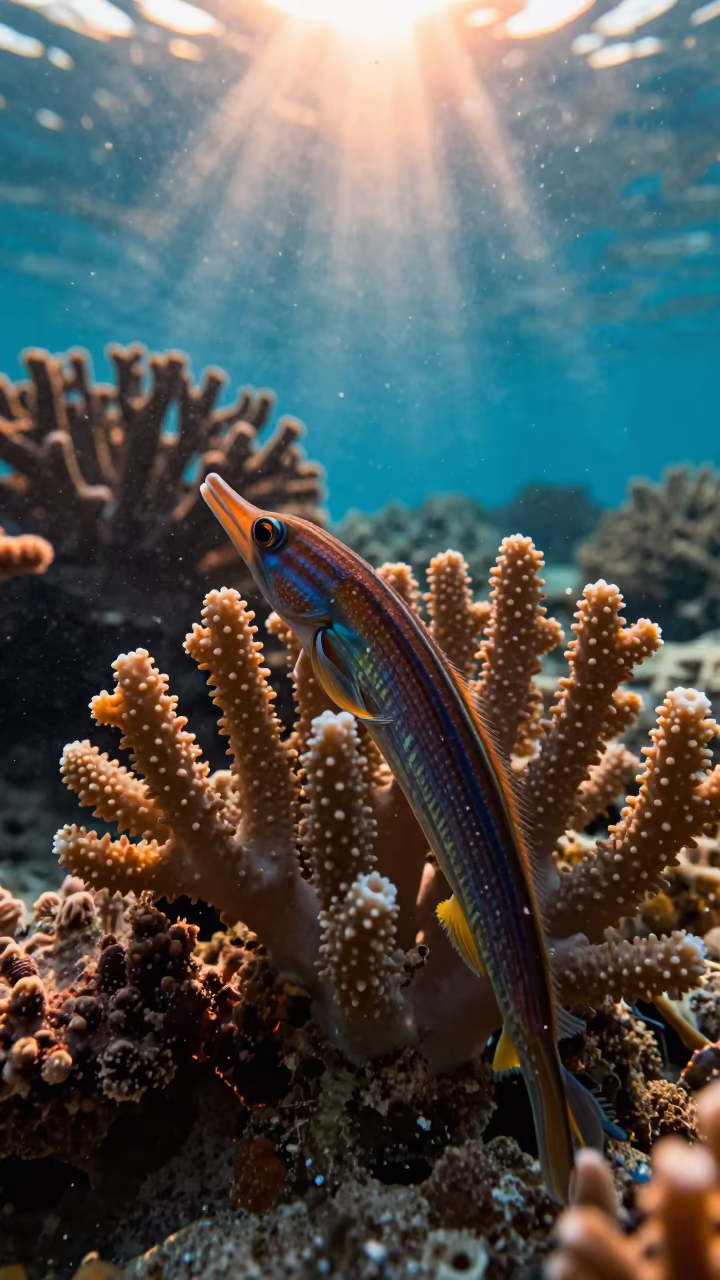 Banded Pipefish Among Coral in Orange Sunset Light in along a coral wall with blue water beyond near Zanzibar
