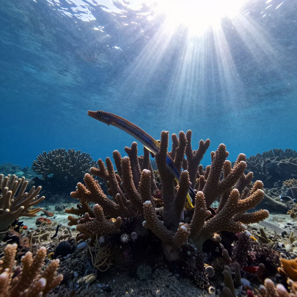 Banded Pipefish Hiding in Coral at Sunrise in along a coral wall with blue water beyond near Stone Town