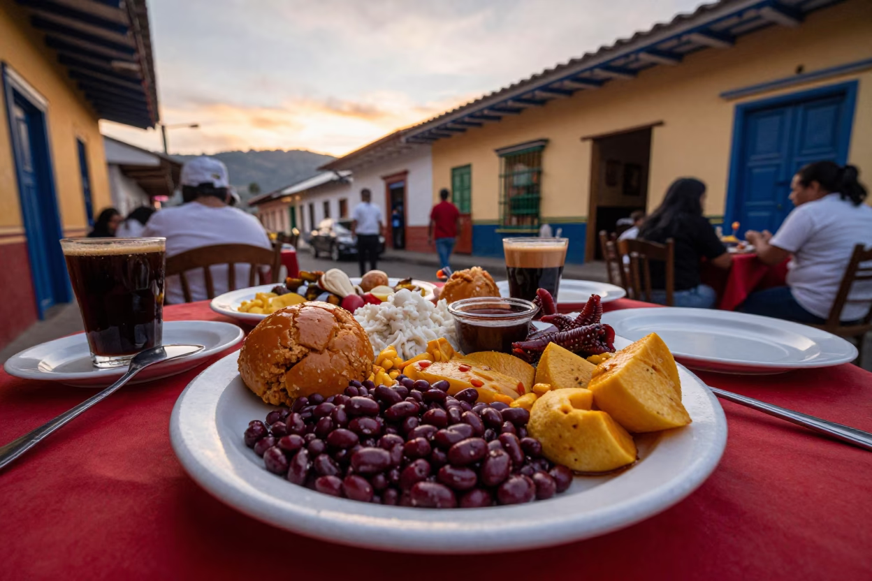 Bandeja Paisa Feast and Boot Scraper in Medellin Colombia Evening Light in in Medellin, Colombia