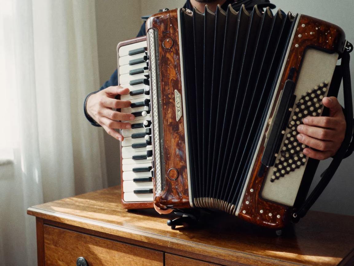 Bandoneon Player Squeezing Tangos in Palermo Soho Hotel in on a hotel dresser in Palermo Soho, Buenos Aires