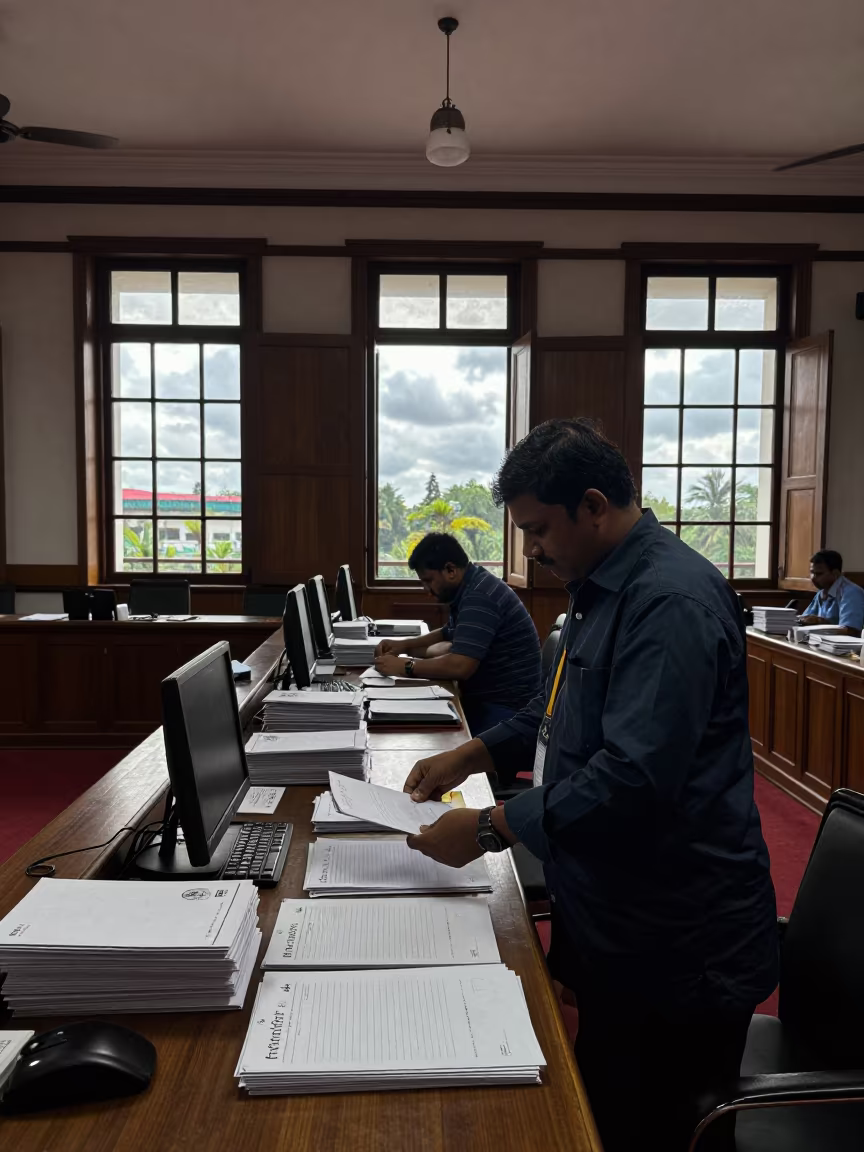 Bangalore Clerk Sorting Absentee Ballots Morning Light in inside a council chamber in Bangalore