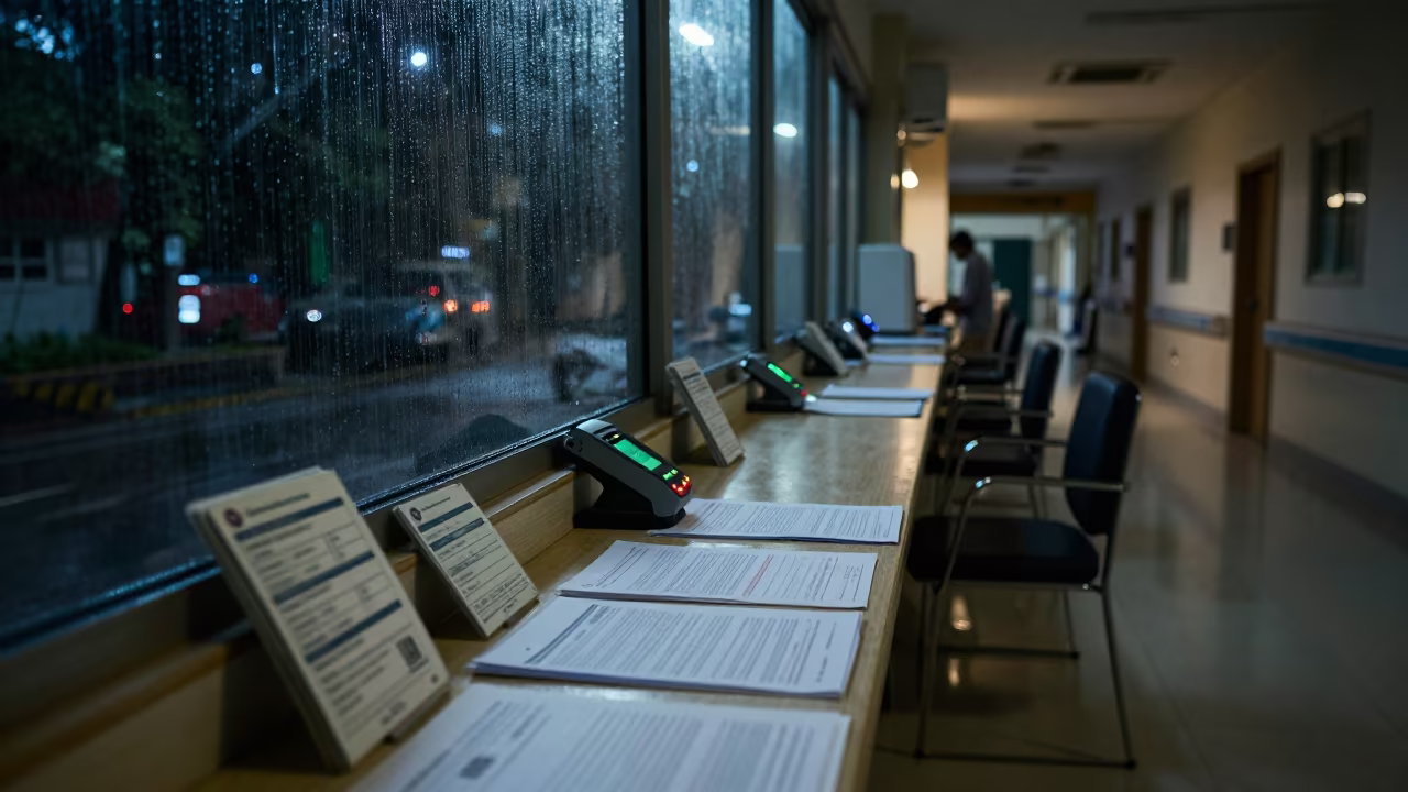 Bangalore Clinic Desk Before Intake Night in inside a hospital corridor in Bangalore