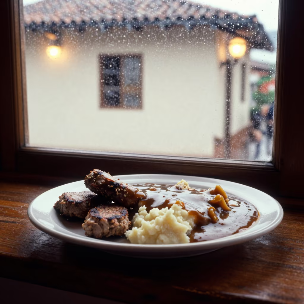 Bangers and Mash with Gravy in Bucaramanga in on a ceramic plate by a window in Bucaramanga