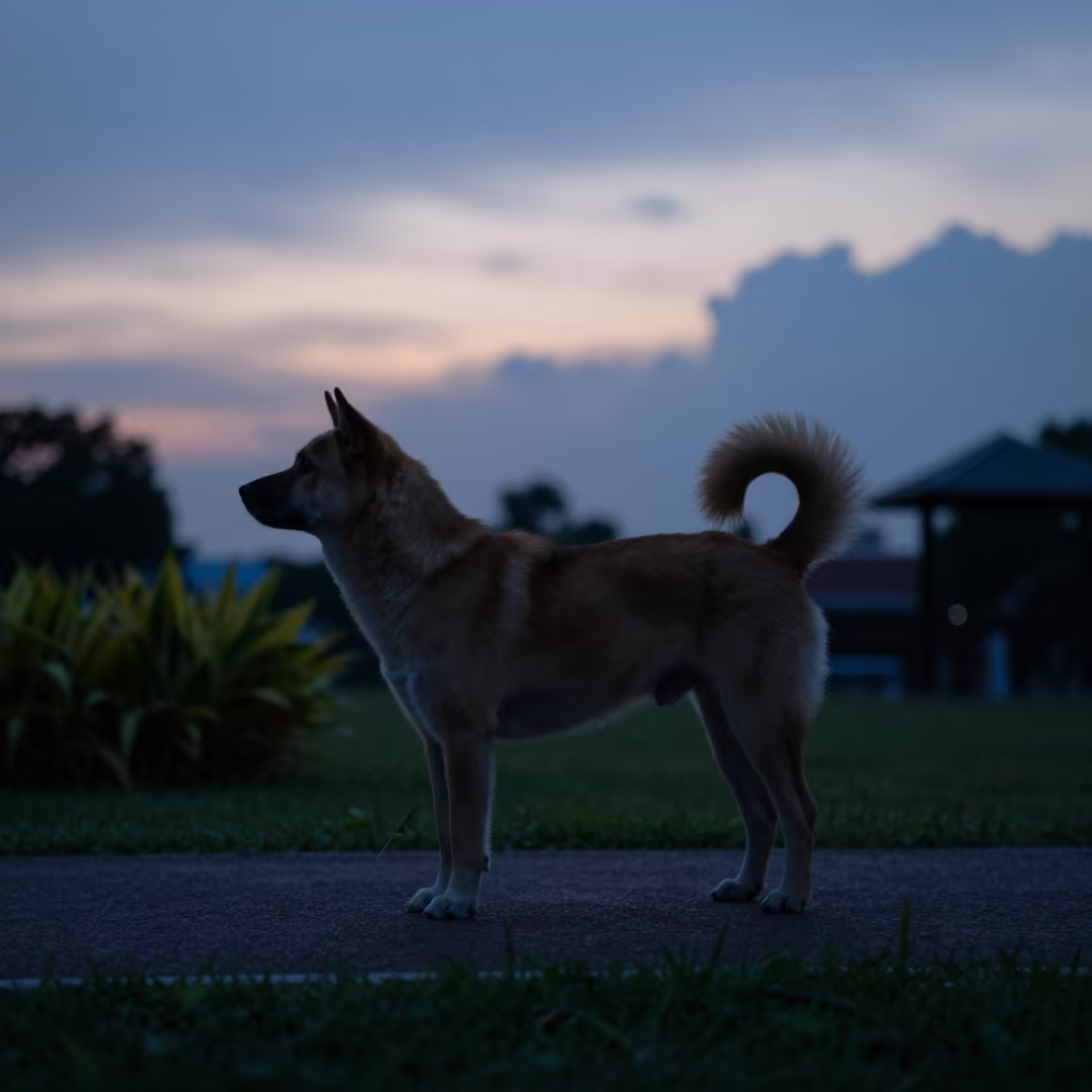 Bangkaew Dog Silhouette on Bangkok Path in near a garden edge with soft morning light and an uncluttered background in Rattanakosin, Bangkok