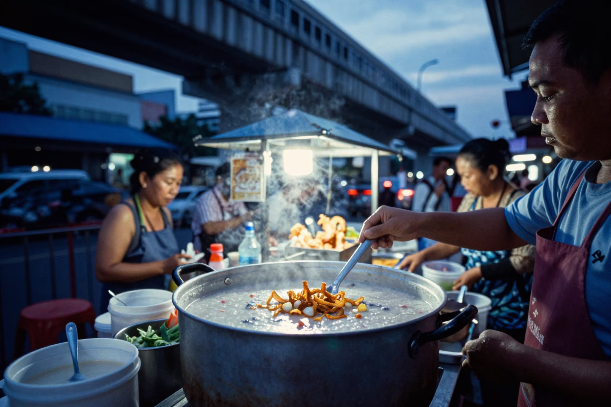 Bangkok Blue Hour Street Food Scene with Monorail and Congee in in Bangkok, Thailand