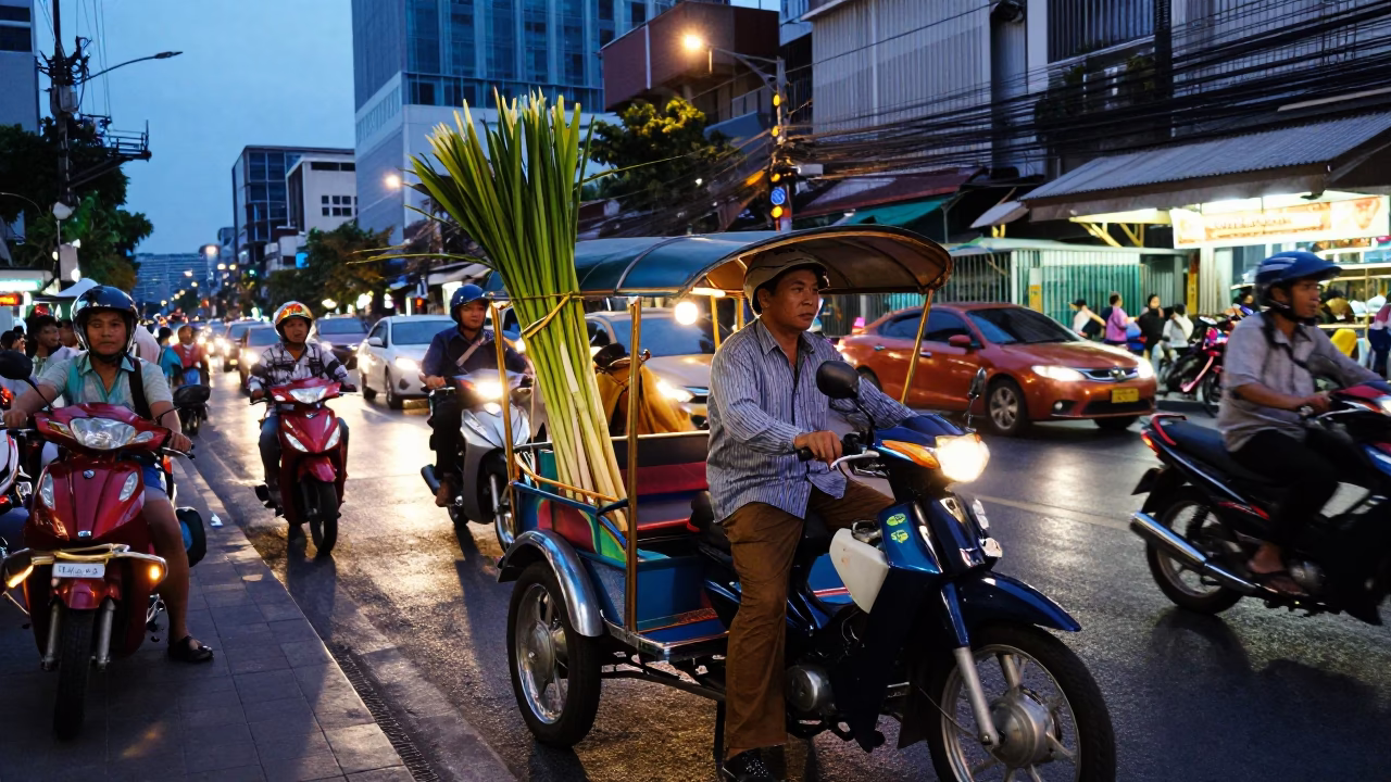 Bangkok Blue Hour Street Scene with Lemongrass Vendor and Motorbike Traffic in in Bangkok, Thailand