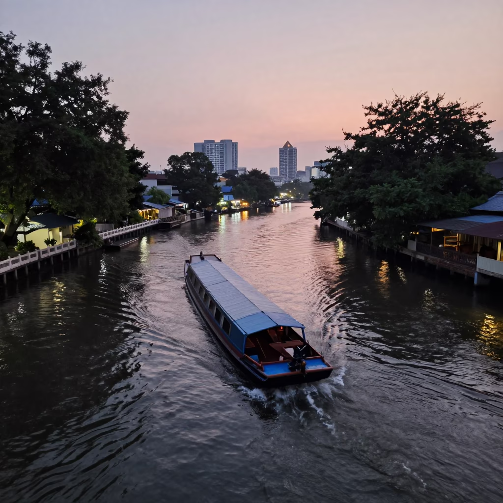 Bangkok Canal Barge Navigating Bend at Dusk with Condensation on Window Frame in in Bangkok, Thailand