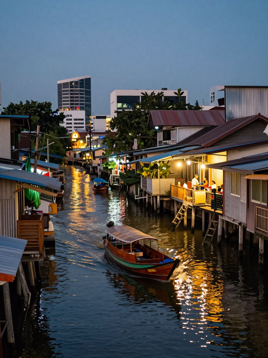 Bangkok Canal Street Scene at Dusk with Junk Boat and Traditional Wooden House in in Bangkok, Thailand