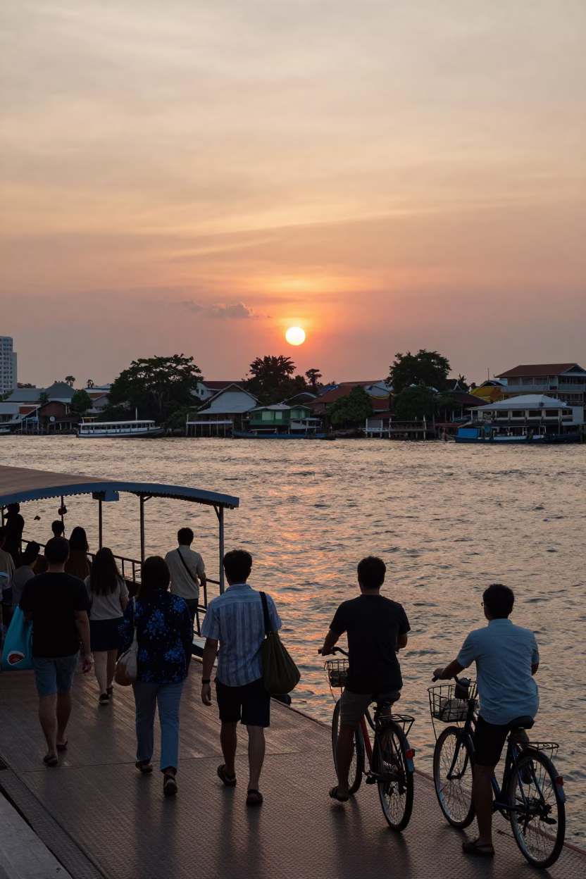 Bangkok Chao Phraya River Ferry Dock at Sunset with Commuters and Bicycles in in Bangkok, Thailand