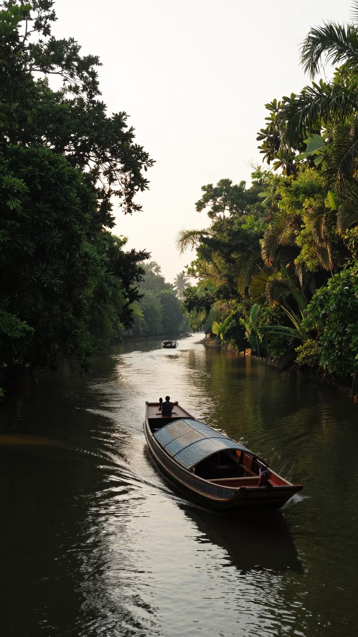 Bangkok Dawn Barge Navigating Tree Lined Canal Waterway in in Bangkok, Thailand