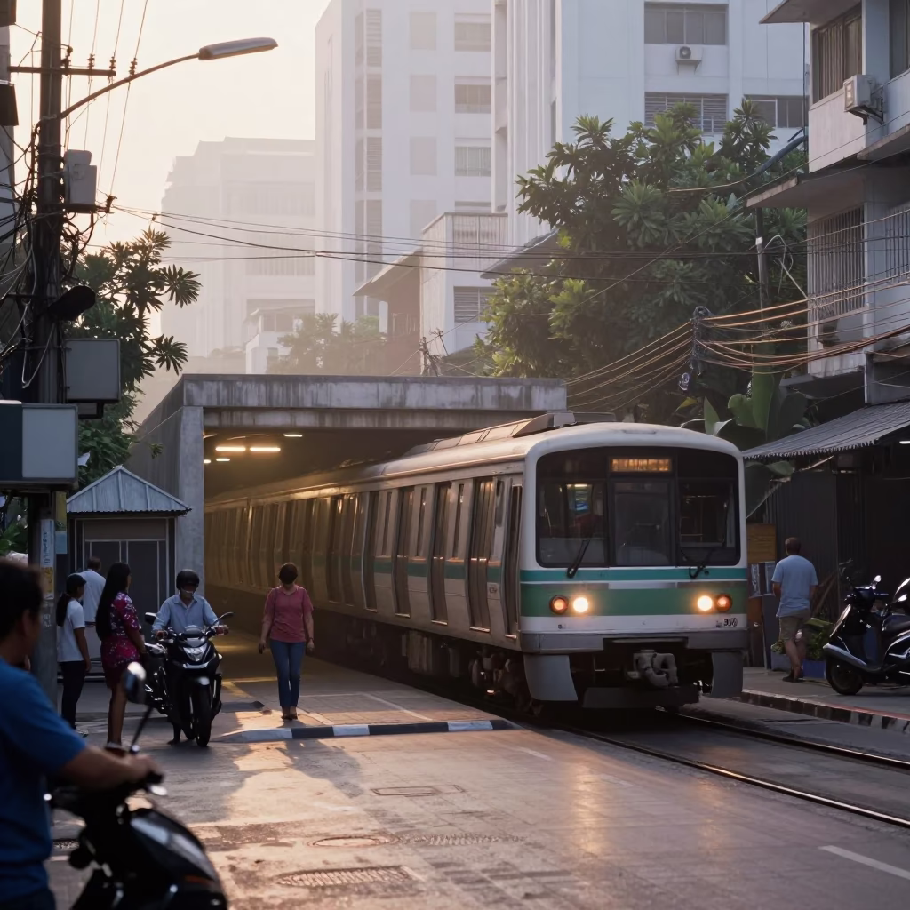 Bangkok Dawn Street Scene with Metro Train Emerging from Tunnel at First Light in in Bangkok, Thailand