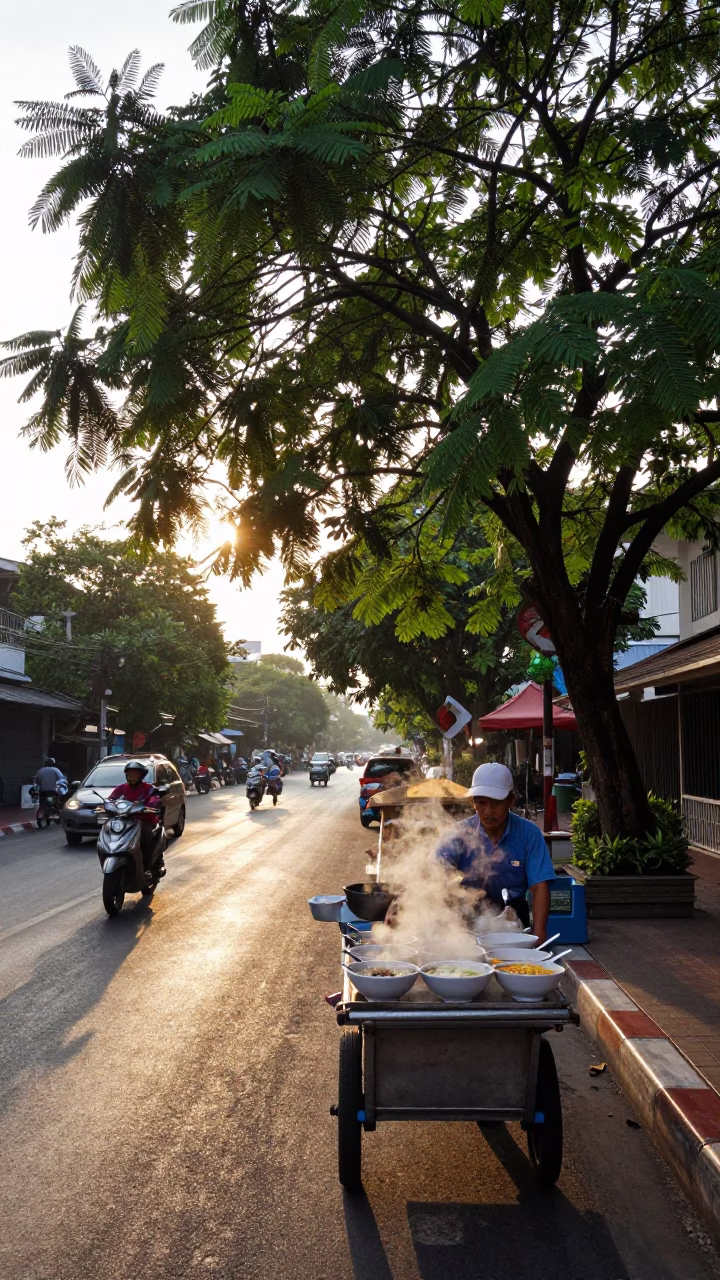 Bangkok Dawn Street Scene with Tamarind Tree and Morning Coffee Tin in in Bangkok, Thailand