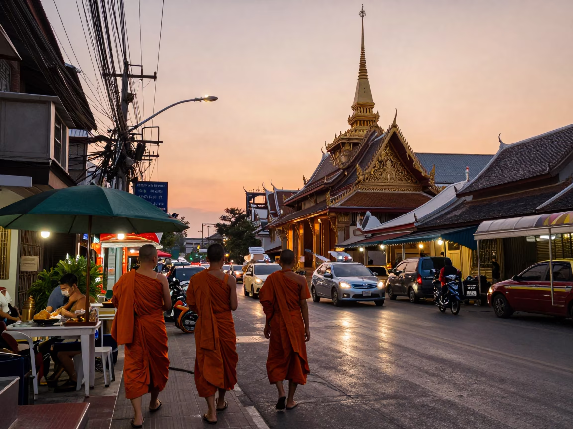 Bangkok Early Evening Street Scene with Monks and Traditional Market Stalls in in Bangkok, Thailand