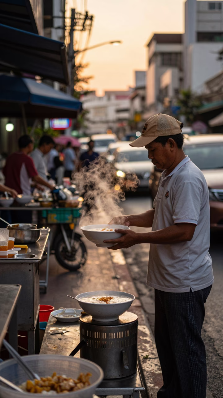 Bangkok Evening Street Scene with Bowl of Congee and Century Egg in Honeyed Light in in Bangkok, Thailand