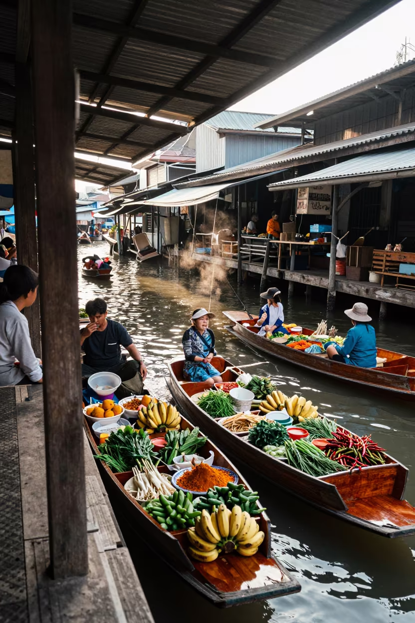 Bangkok Floating Market Produce Under Tarp in in a covered bazaar aisle in Bangkok