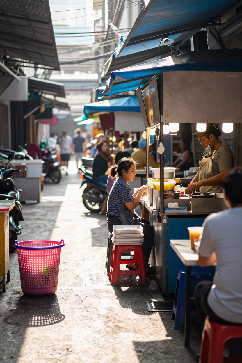 Bangkok Food Stall at Late Morning Light in in Bangkok, Thailand