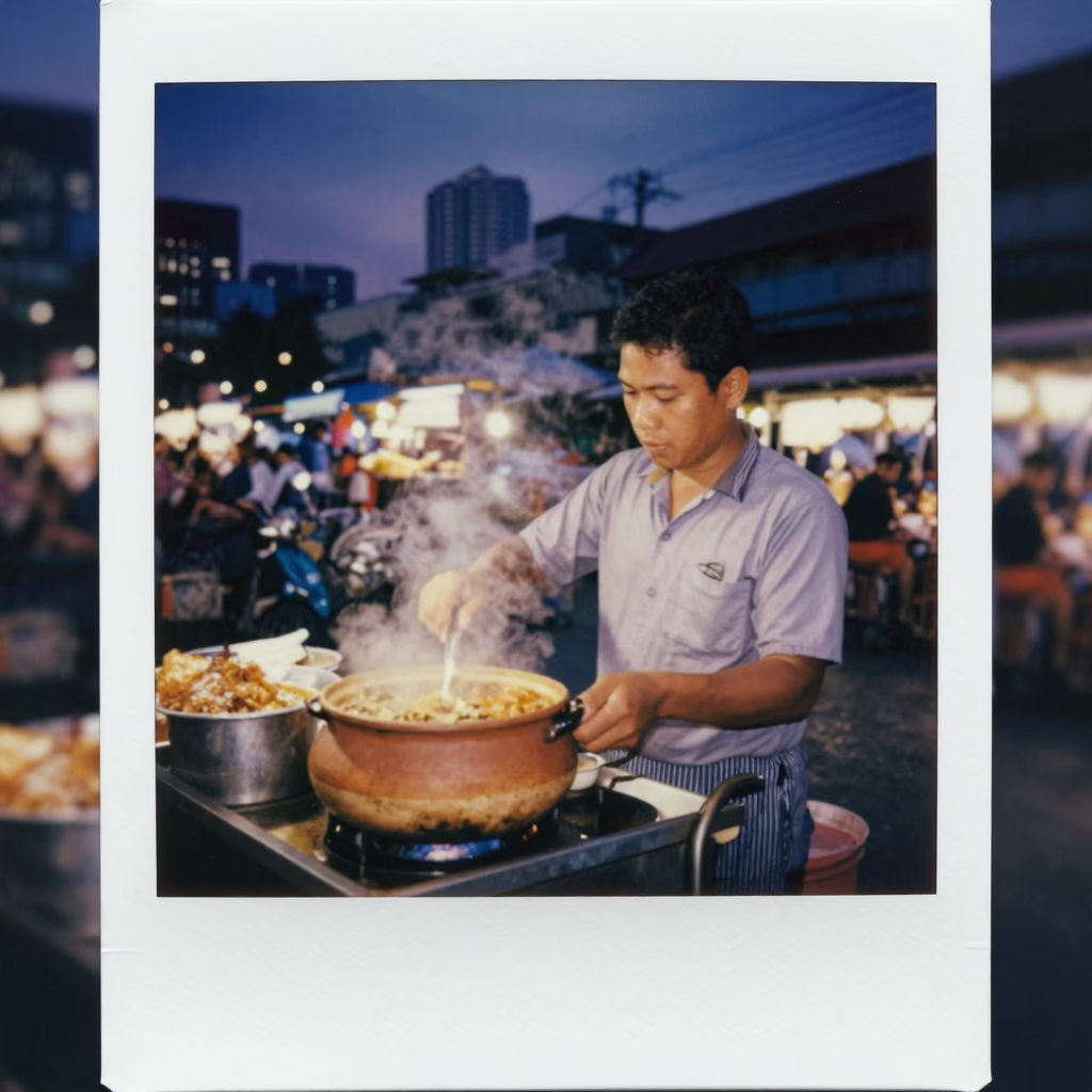 Bangkok Food Vendor at As City Lights Begin To Glow in in Bangkok, Thailand