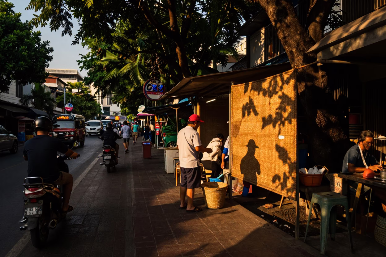 Bangkok Golden Hour Street Scene with Shopkeeper and Wicker Shadow Detail in in Bangkok, Thailand