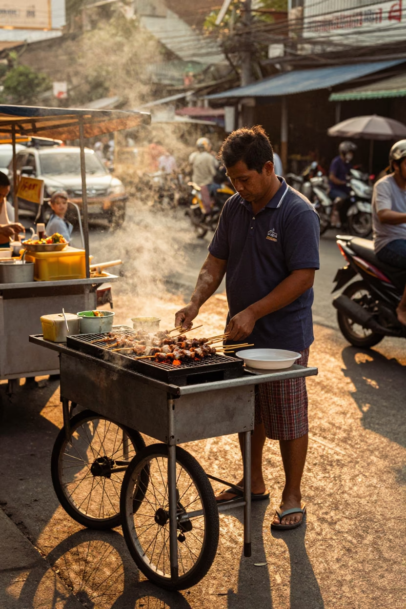 Bangkok Grilling Meat at Golden Hour in in Bangkok, Thailand