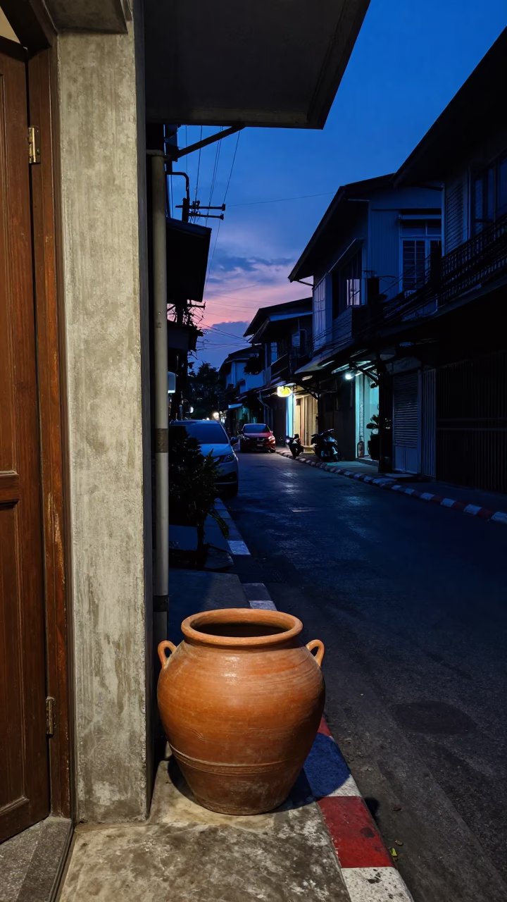 Bangkok indigo twilight street scene with clay pot and brooms near canal in in Bangkok, Thailand