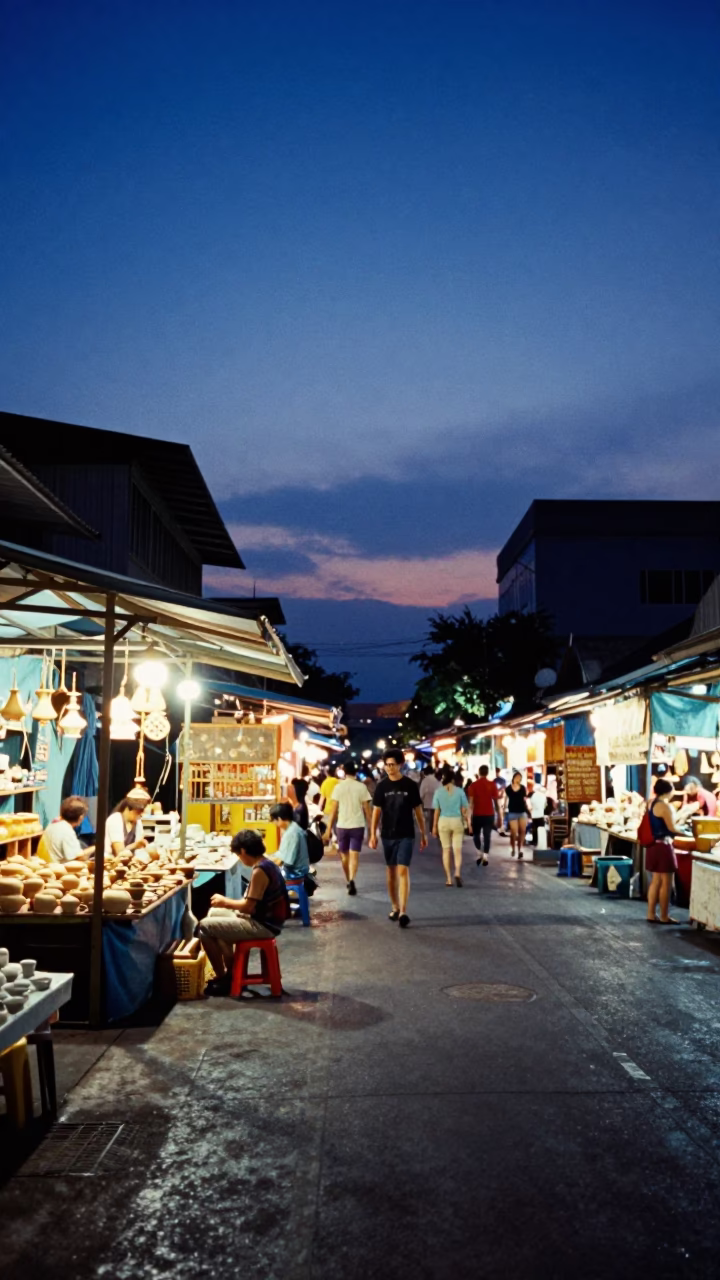 Bangkok Indigo Twilight Street Scene with Pottery Market and Local Interaction in in Bangkok, Thailand