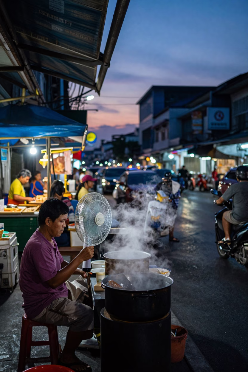 Bangkok indigo twilight street scene with table fan and cutlery on roadside stall in in Bangkok, Thailand