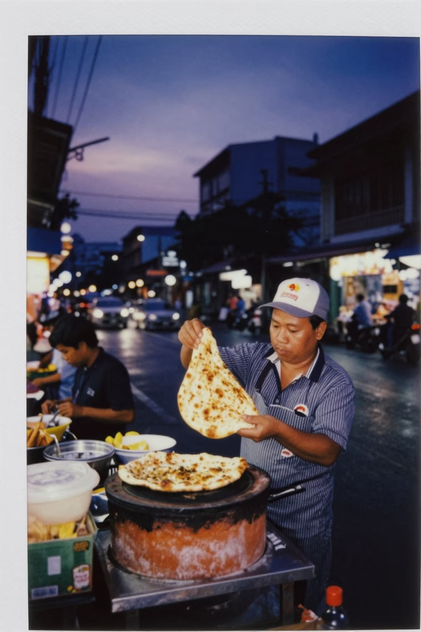 Bangkok Indigo Twilight Street Scene with Tailor Shears and Clay Oven Naan in in Bangkok, Thailand