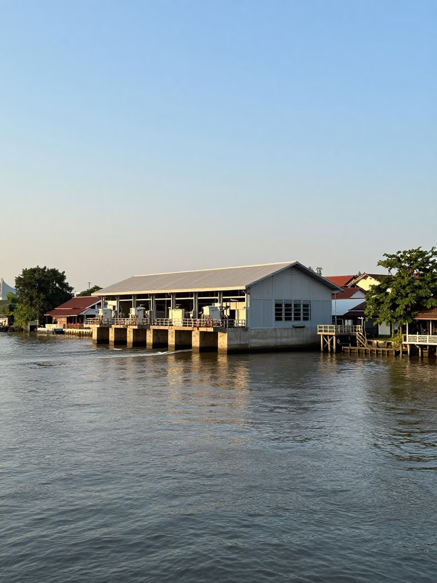 Bangkok Late Afternoon Canal Pumping Station and Chao Phraya River Horizon Shot in in Bangkok, Thailand