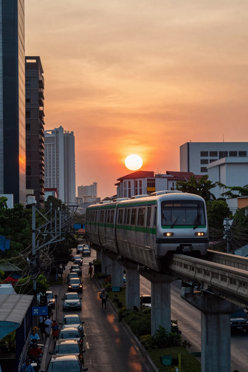 Bangkok Monorail Over City Street at Sunset in in Bangkok, Thailand
