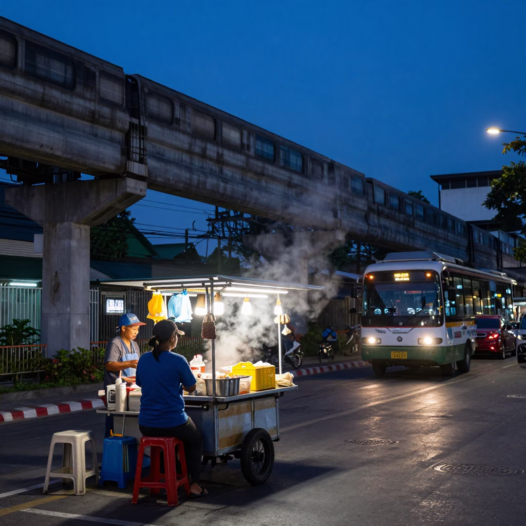 Bangkok Monorail Passing Over Street Food Stall in Evening Blue Light in in Bangkok, Thailand