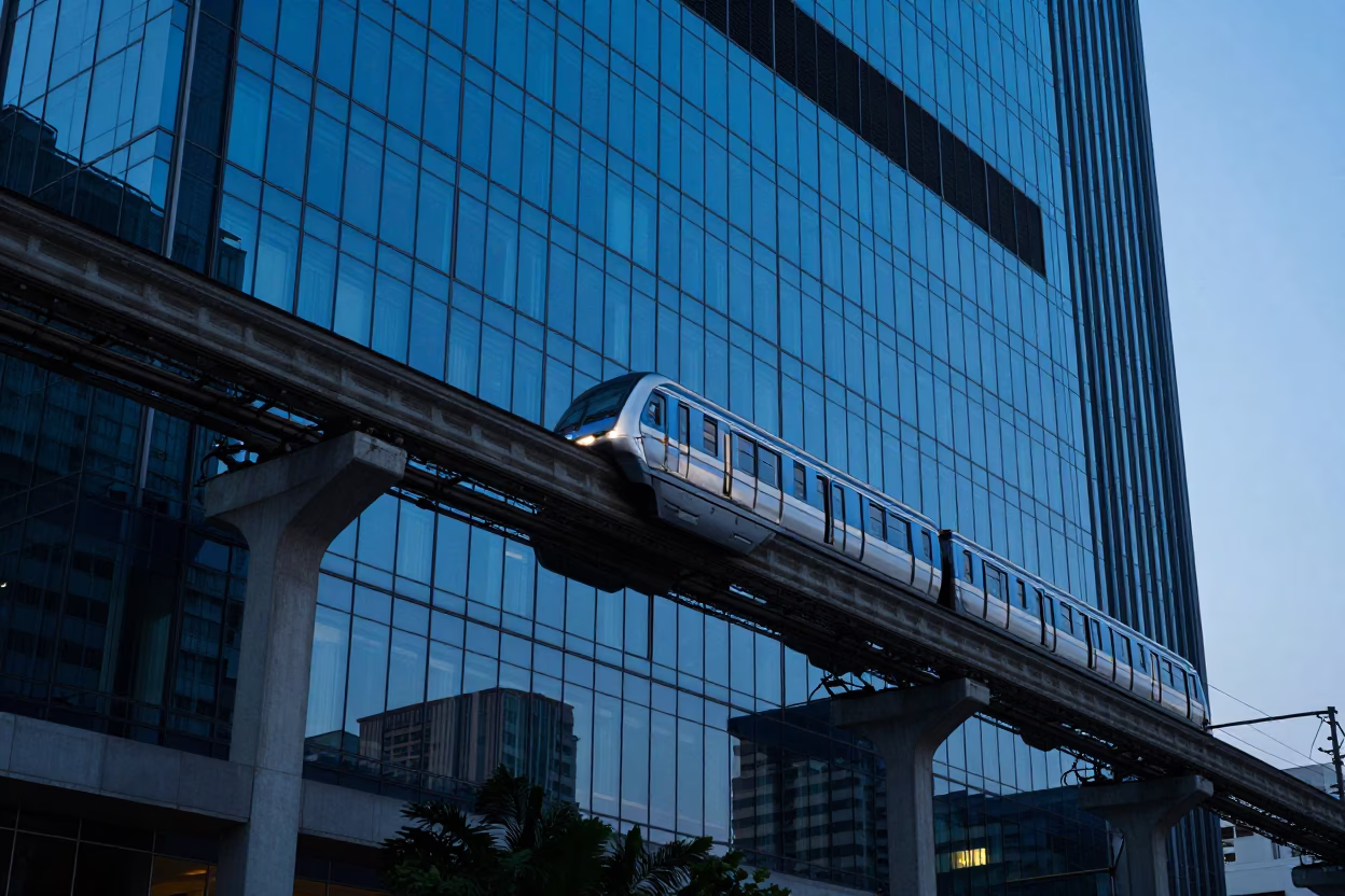 Bangkok Monorail Reflection in Glass Skyscraper During Blue Hour Evening Light in in Bangkok, Thailand