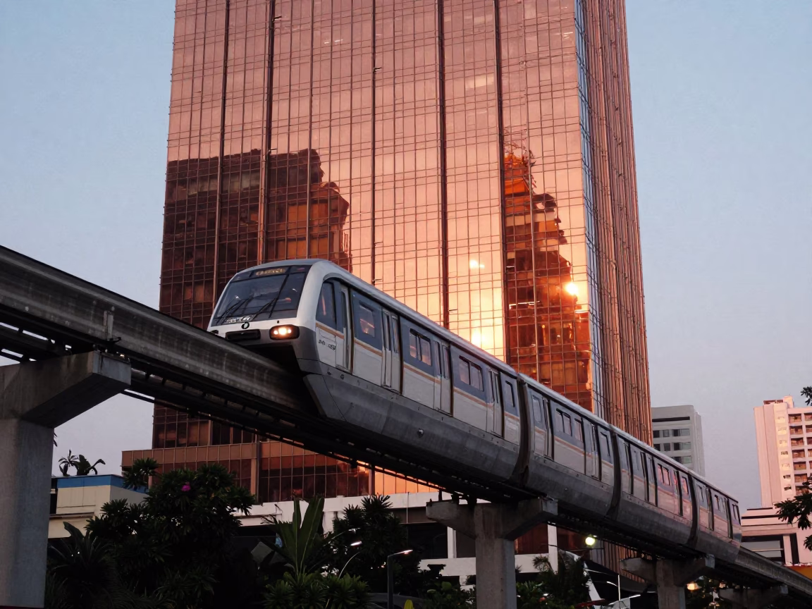 Bangkok Monorail Reflection in Glass Tower Copper Dusk Street Life in in Bangkok, Thailand