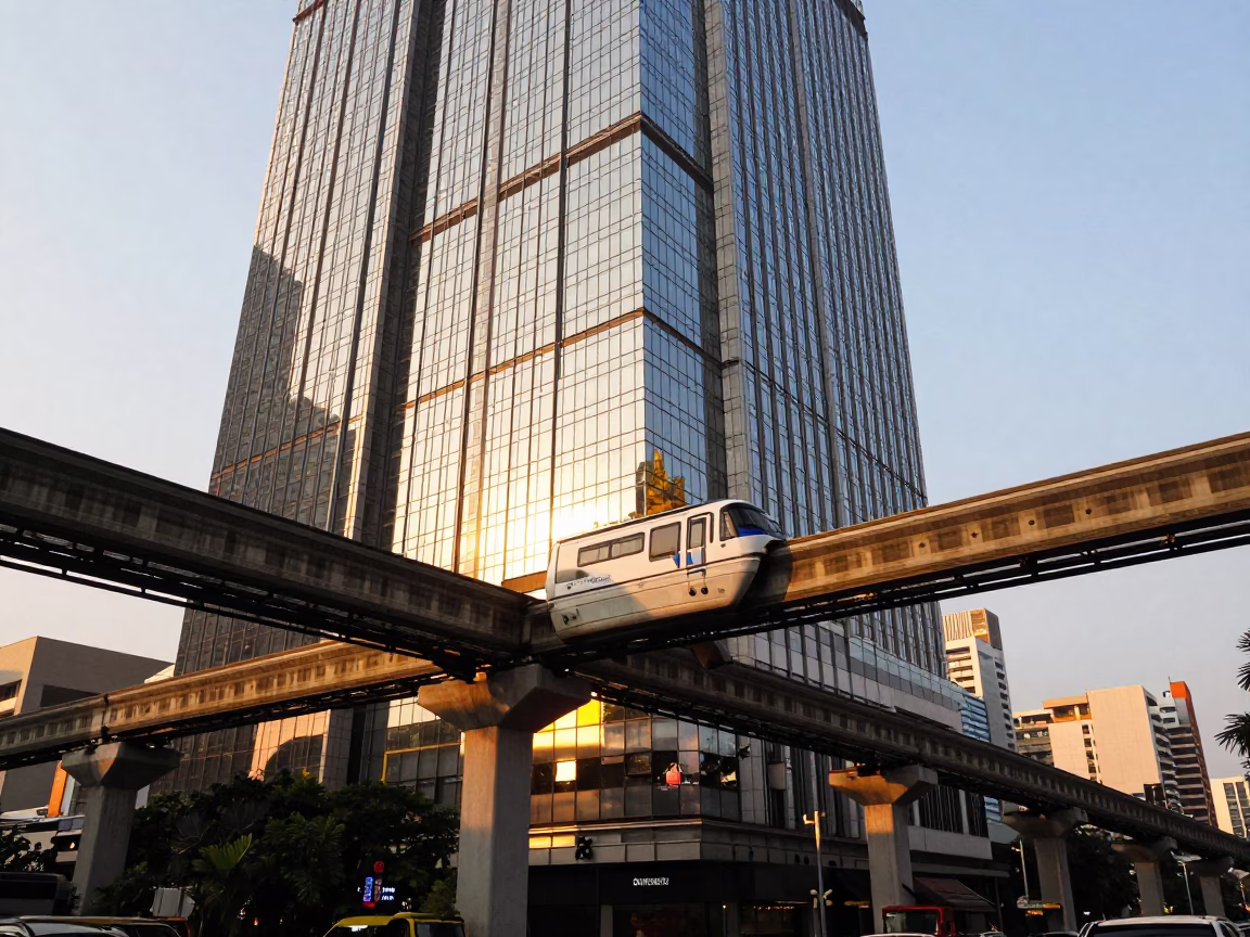 Bangkok Monorail Reflection on Glass Skyscraper at Golden Hour with Street Life in in Bangkok, Thailand