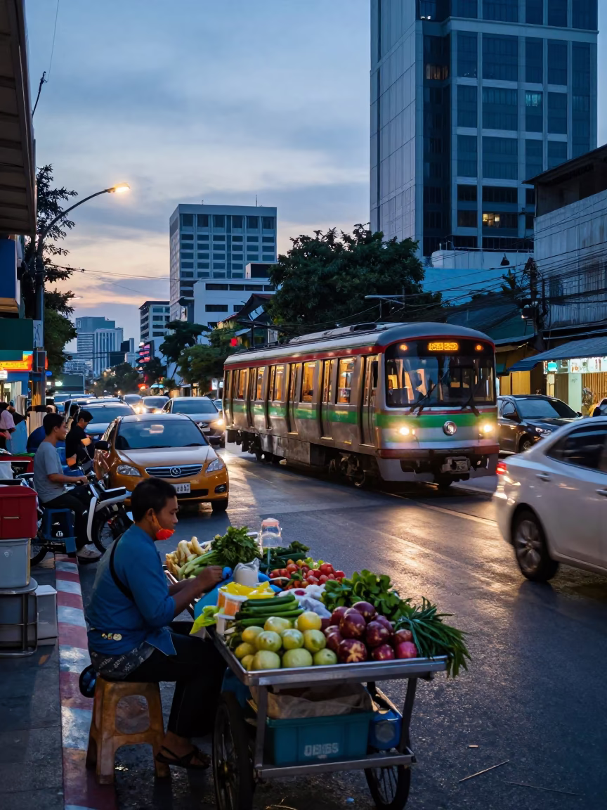Bangkok Nautical Dawn Street Scene with Metro Train and Urban Details in in Bangkok, Thailand