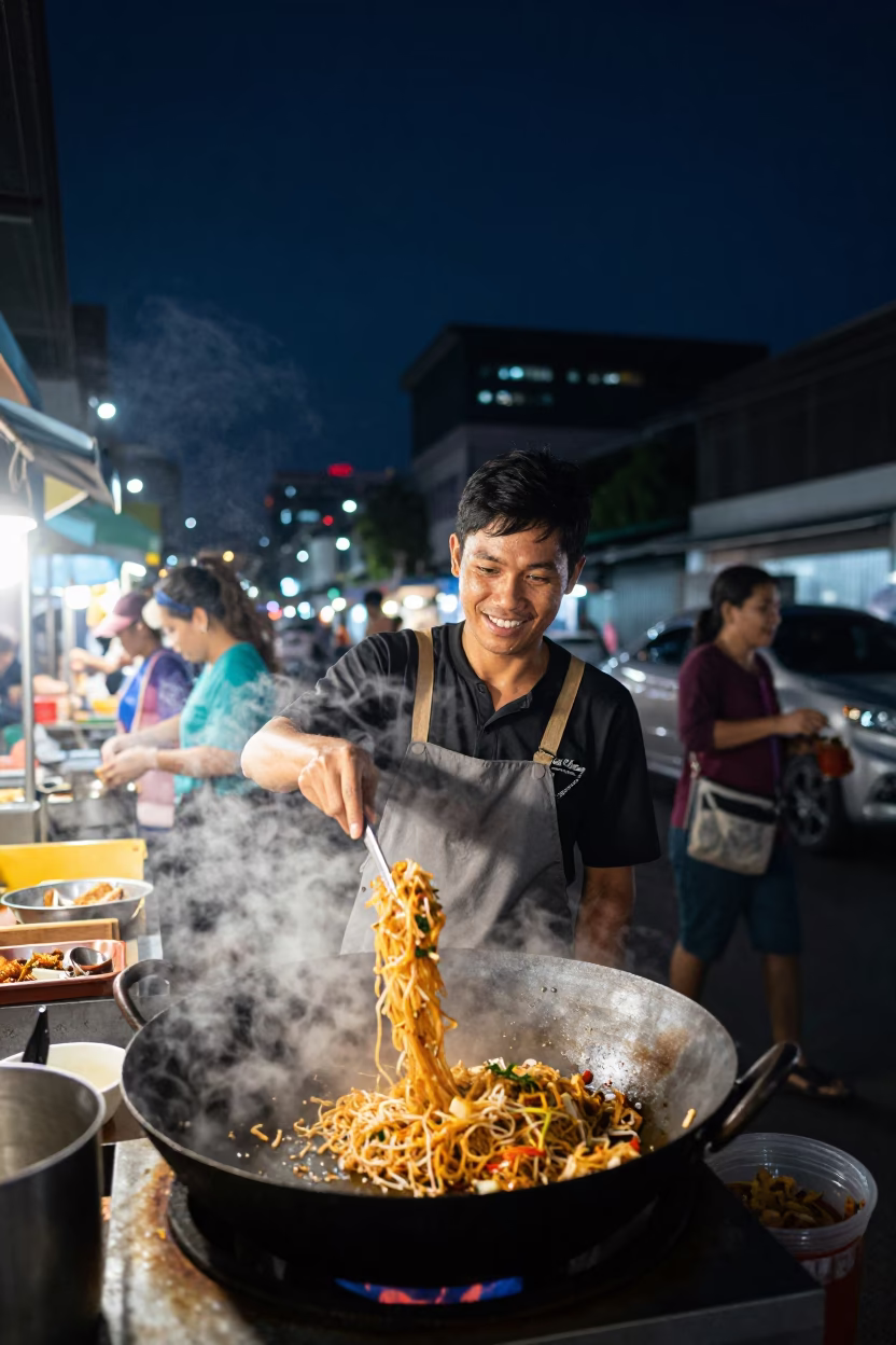 Bangkok Night Street Food Vendor Cooking Pad Thai Under Deep Night Sky in in Bangkok, Thailand