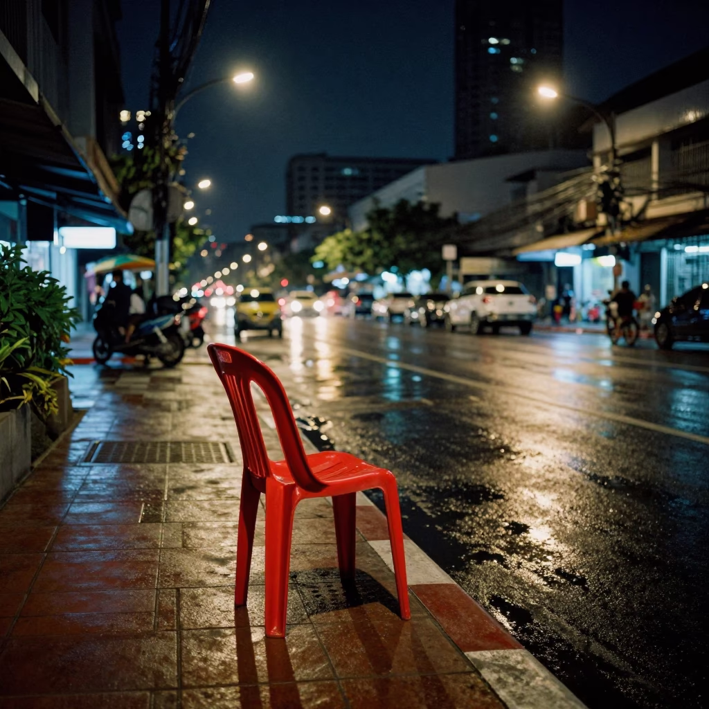 Bangkok Night Street Scene with Plastic Chair and Urban Elements in in Bangkok, Thailand