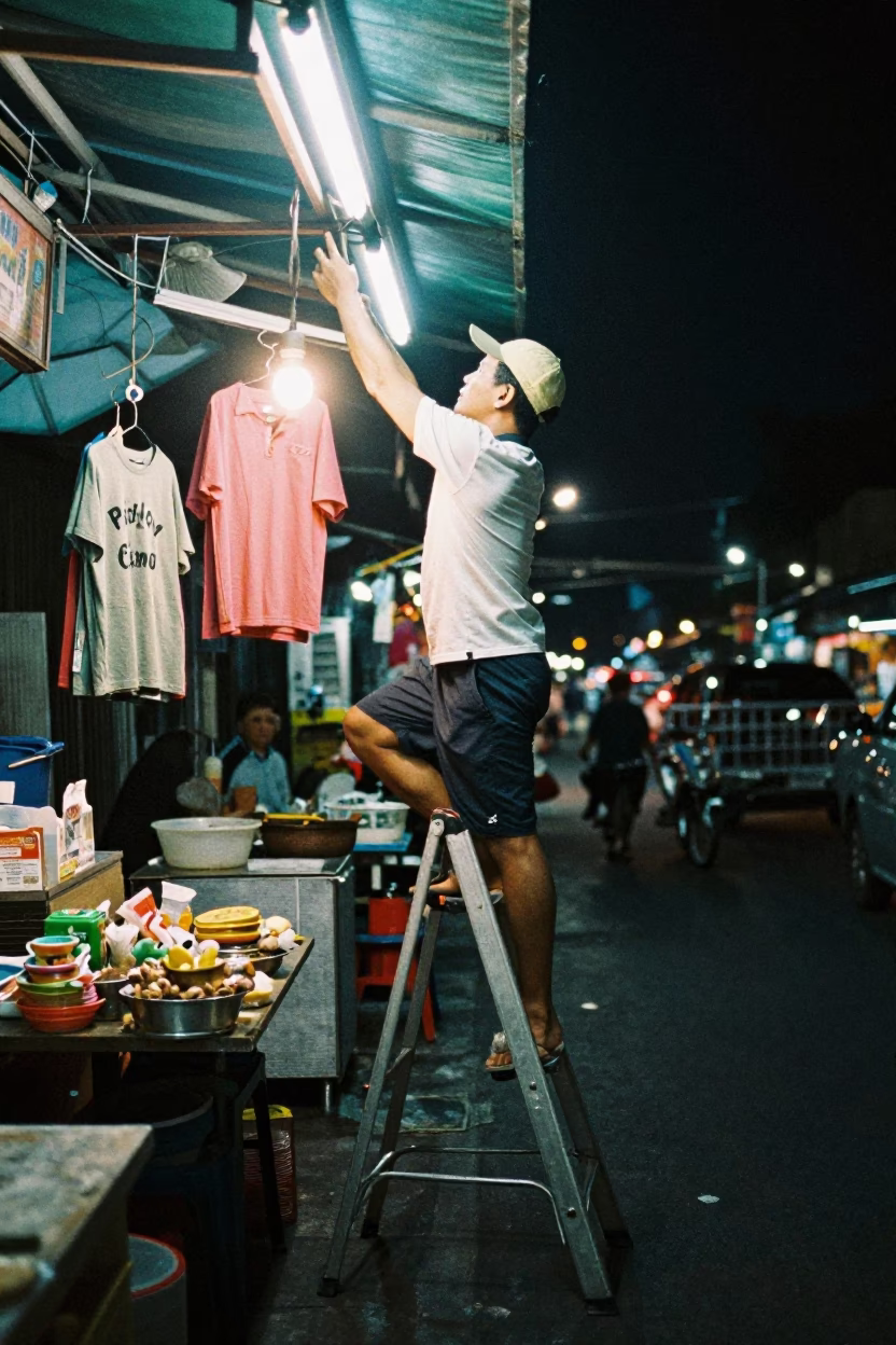 Bangkok Night Street Scene with Step Ladder and Local Vendor Activity in in Bangkok, Thailand