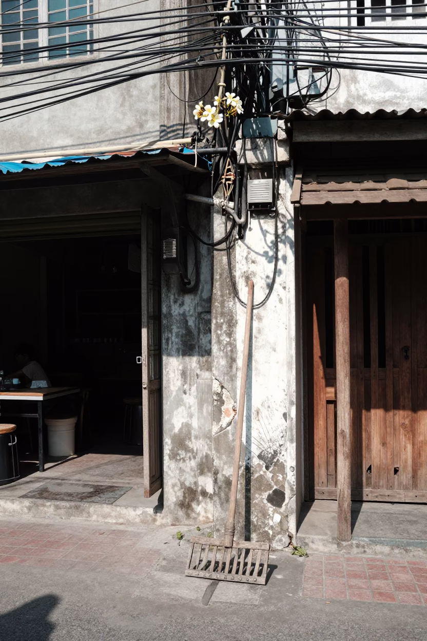 Bangkok Noon Street Scene with Frangipani Branch and Wooden Rake in Urban Alleyway in in Bangkok, Thailand