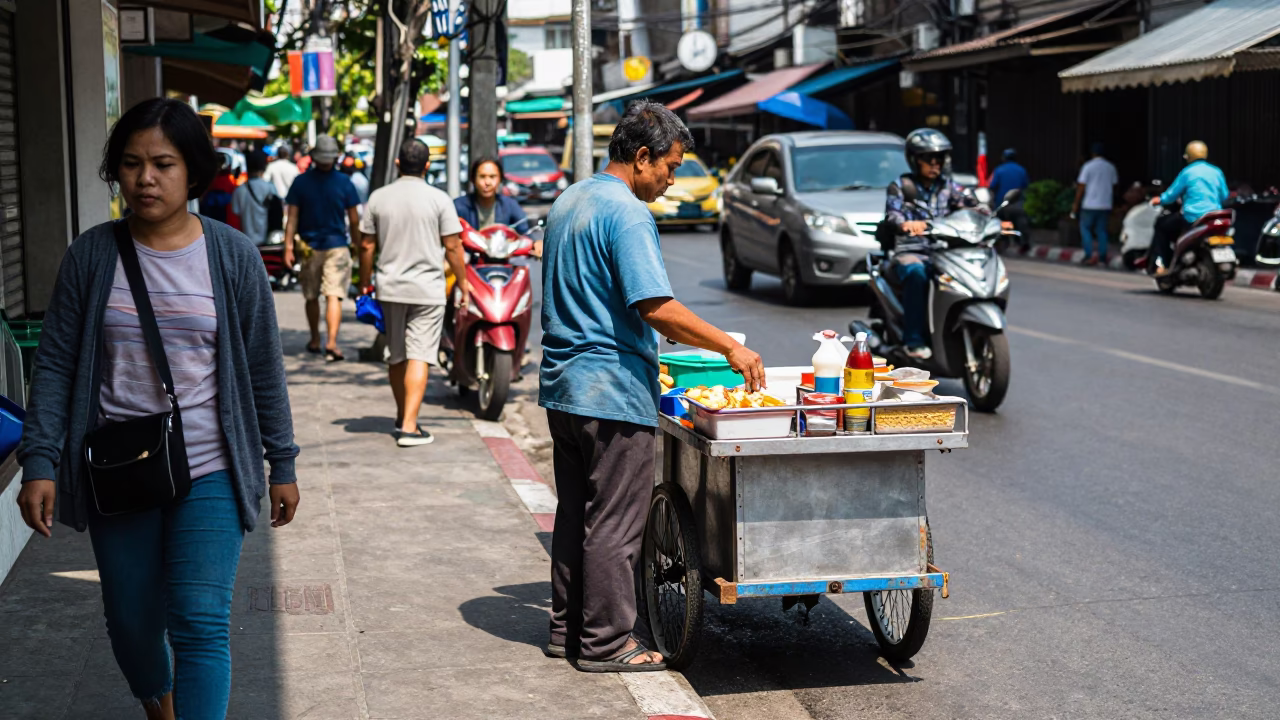 Bangkok Noon Street Scene with Vendor and Cardigan on Concrete Sidewalk in in Bangkok, Thailand