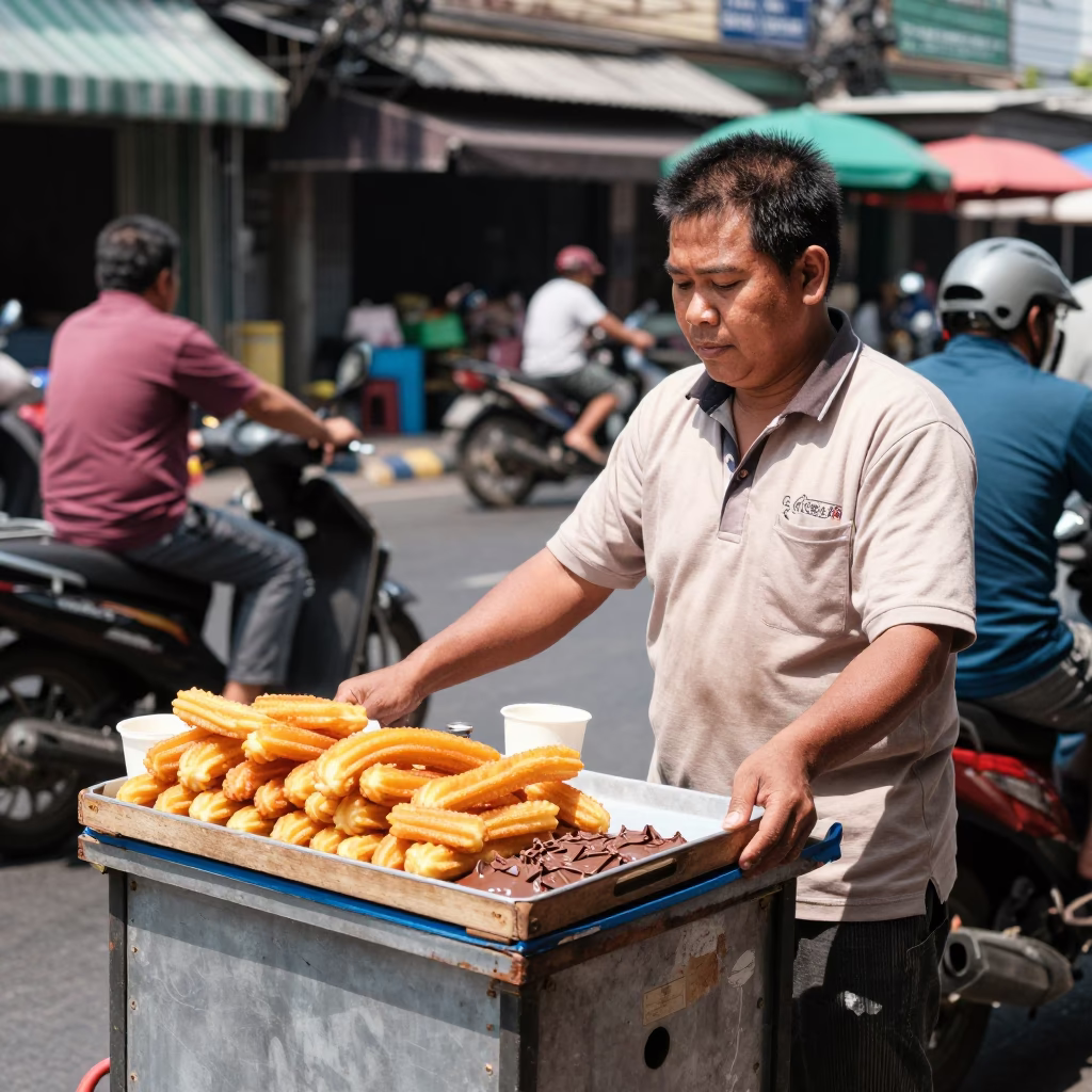 Bangkok Noon Street Vendor Selling Churros and Chocolate Near Overpass in in Bangkok, Thailand