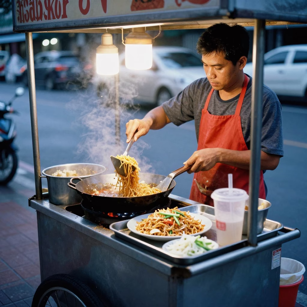 Bangkok Pad Thai at The Early Evening Light in in Bangkok, Thailand