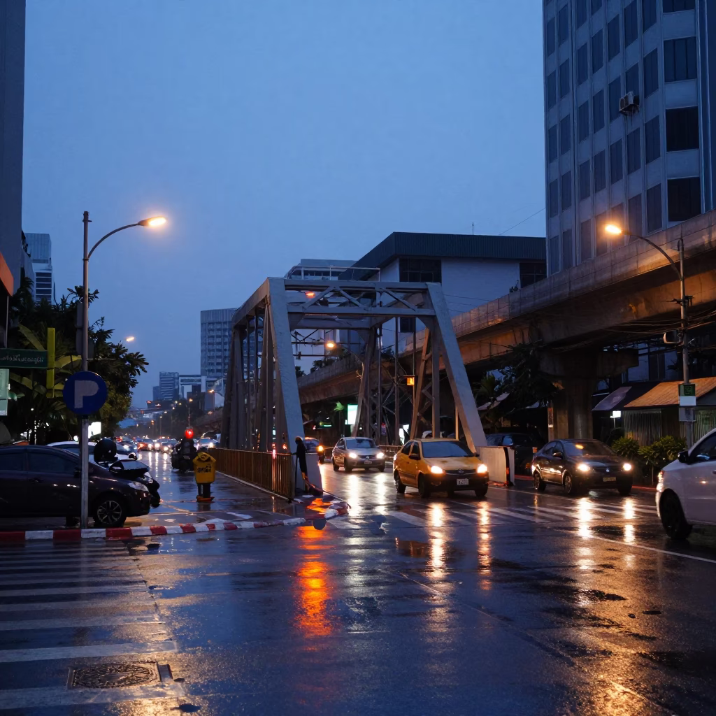 Bangkok Pre-Dawn Street Scene with Drawbridge and Wet Taillights in in Bangkok, Thailand