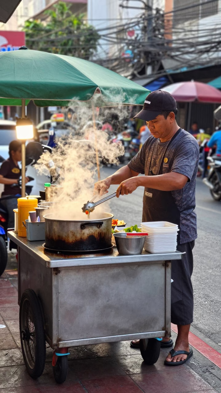 Bangkok Preparing Food at As First Light Reaches The Scene in in Bangkok, Thailand