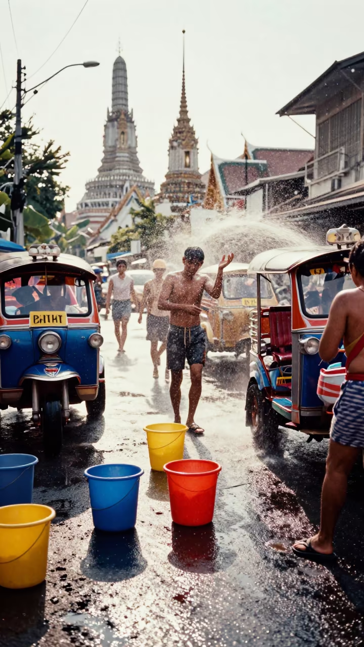 Bangkok Songkran Water Fight Street Festival in at a festival street procession in Bangkok