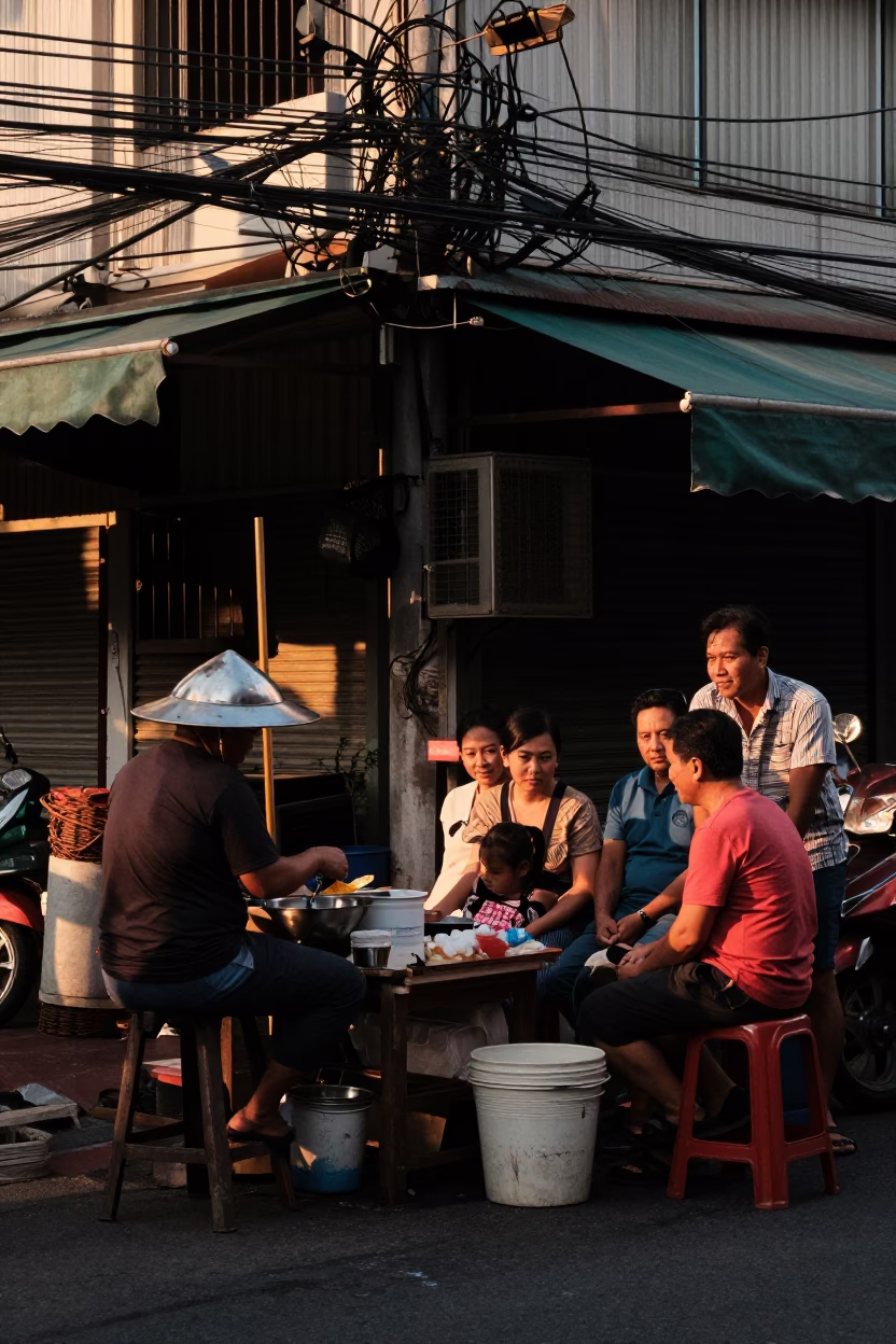 Bangkok Street Corner at Honeyed Evening Light in in Bangkok, Thailand
