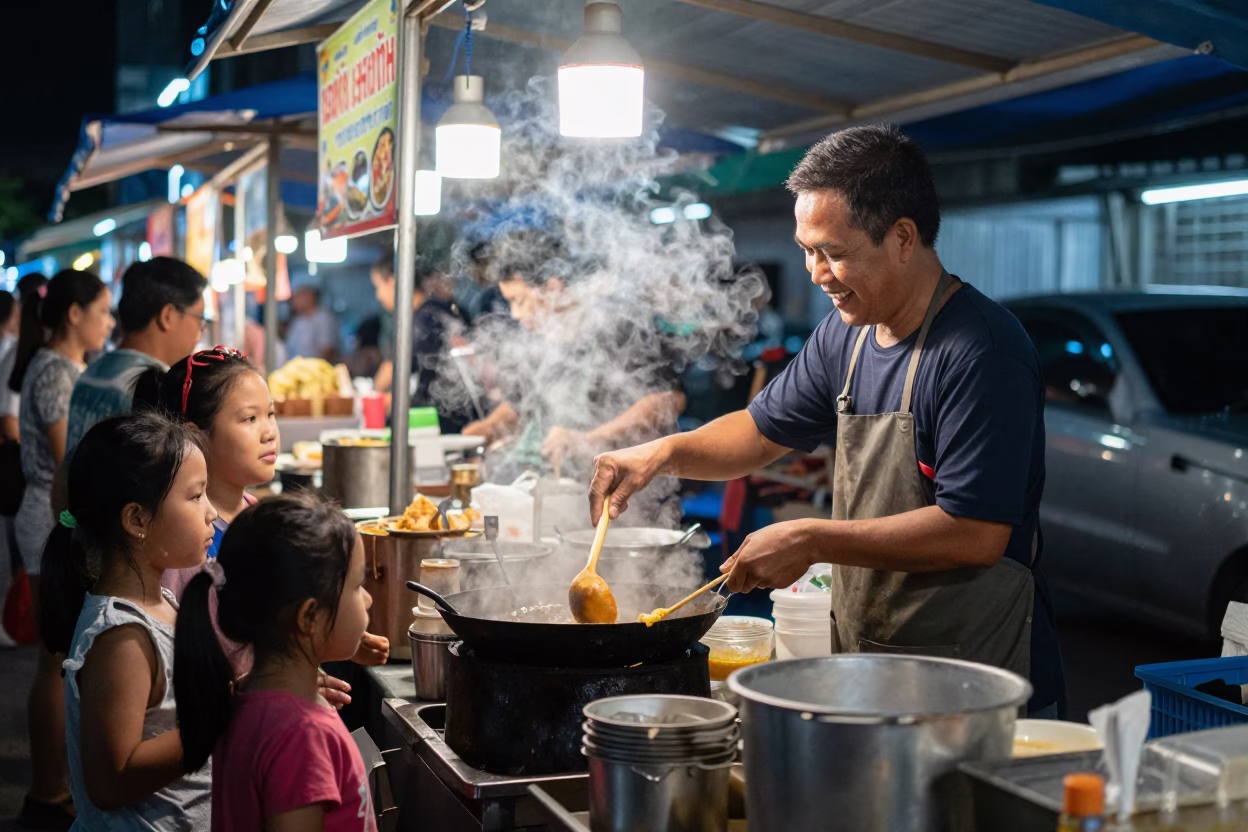 Bangkok Street Food at As City Lights Begin To Glow in in Bangkok, Thailand