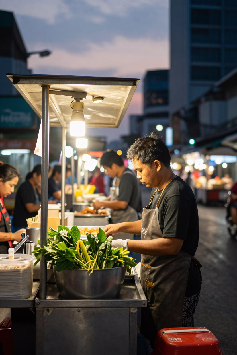 Bangkok Street Food Stall at Dusk with Herb Garnish and Urban Neon Glow in in Bangkok, Thailand