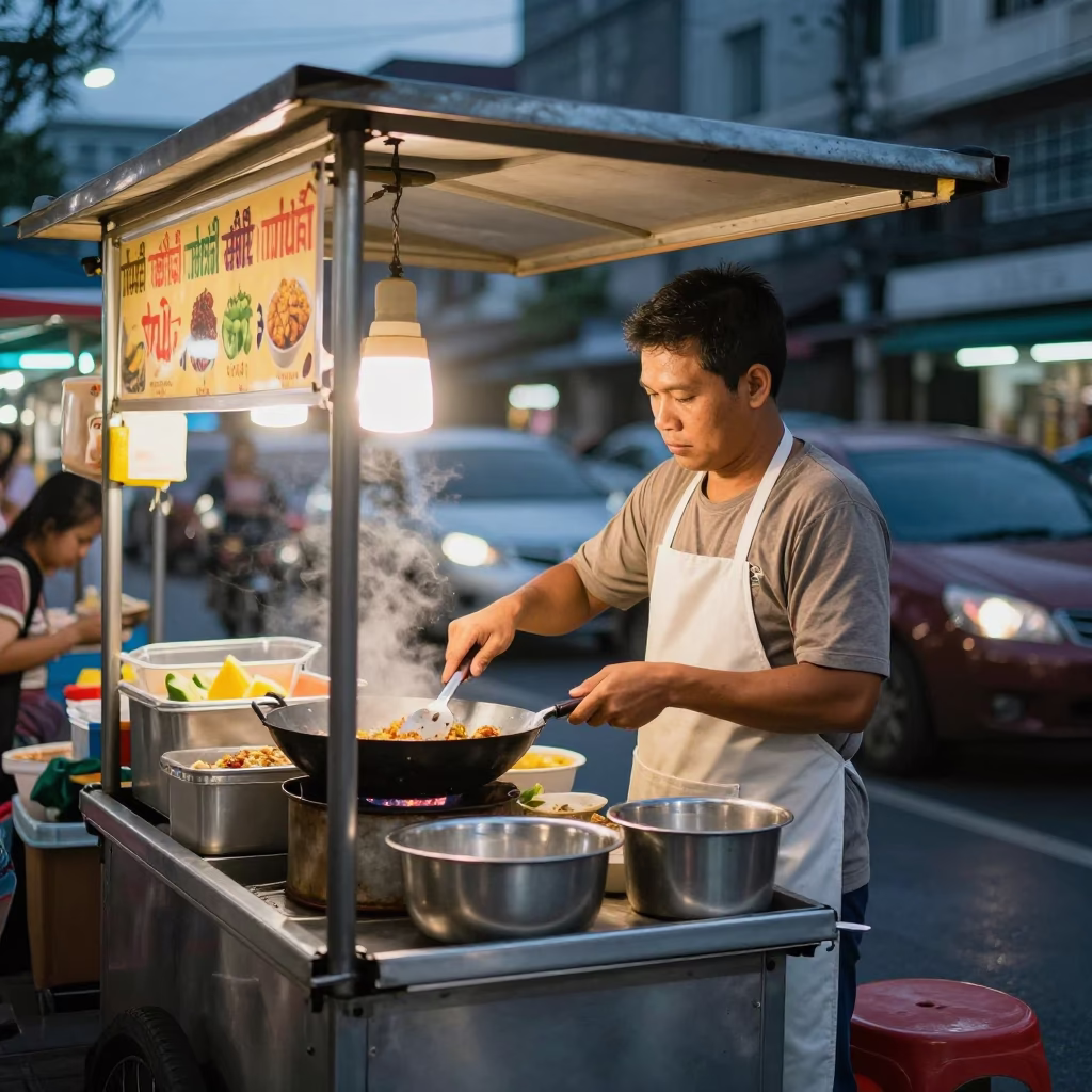 Bangkok Street Food Stall at Dusk with Vendor Preparing Meal and City Lights in in Bangkok, Thailand