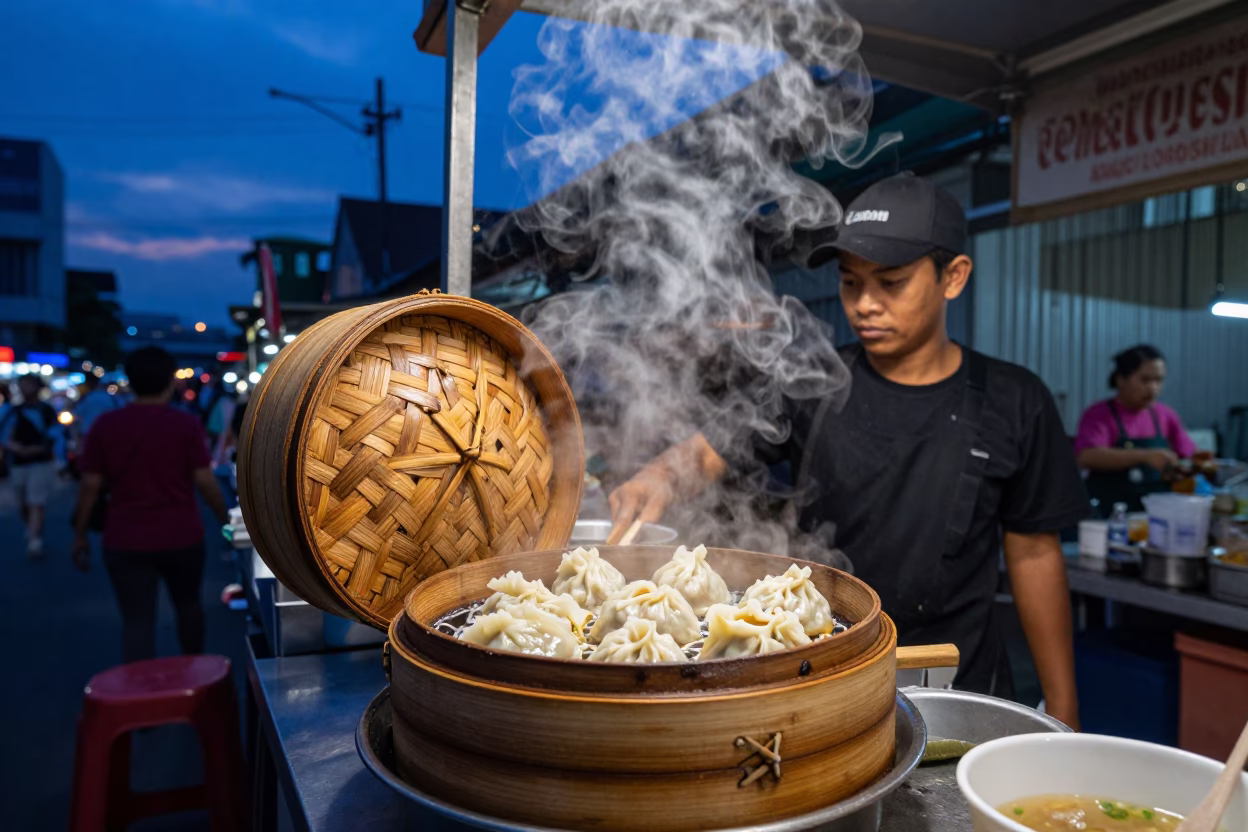 Bangkok Street Food Stall at Twilight with Shan Noodles and Bamboo Steamer in in Bangkok, Thailand