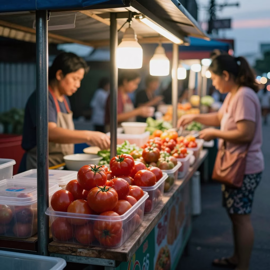 Bangkok Street Food Stall Evening Scene with Fresh Tomatoes and Condiments in in Bangkok, Thailand